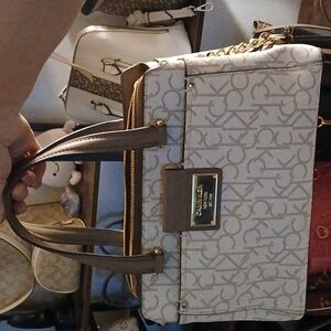 Calvin Klein Monogrammed Cream and Brown Satchel